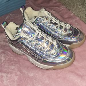 Womens chunky Fila sneakers, purple holographic size 9, fits like 8.5